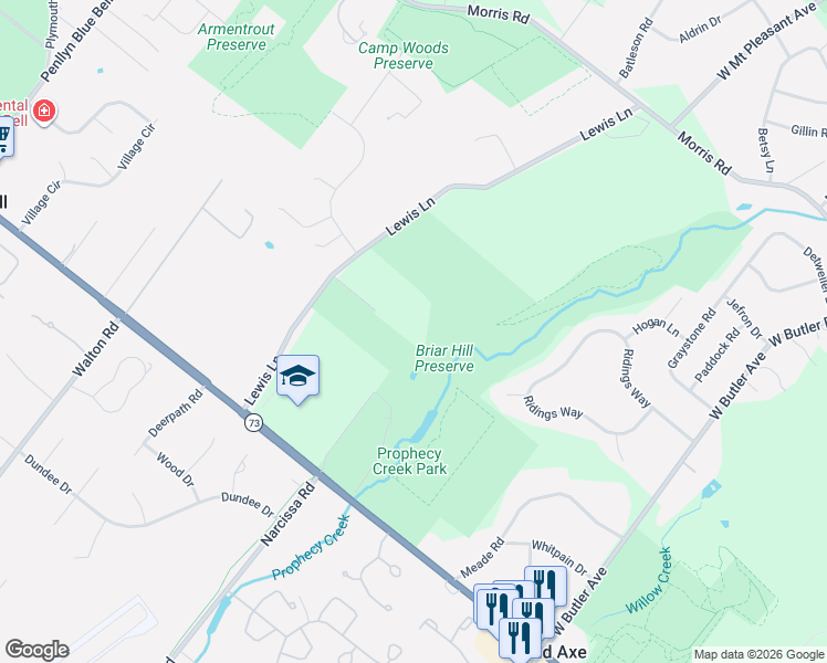 map of restaurants, bars, coffee shops, grocery stores, and more near 780 Lewis Lane in Ambler