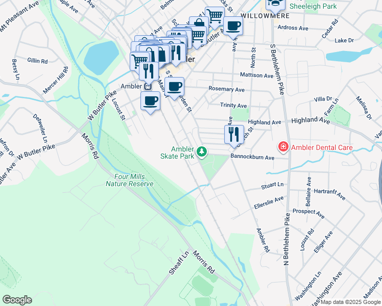 map of restaurants, bars, coffee shops, grocery stores, and more near 304 Ebony Court in Ambler