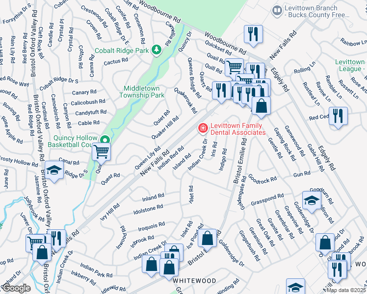 map of restaurants, bars, coffee shops, grocery stores, and more near 68 Indian Red Road in Levittown