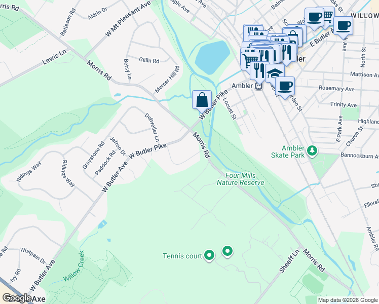 map of restaurants, bars, coffee shops, grocery stores, and more near 500 West Butler Pike in Ambler
