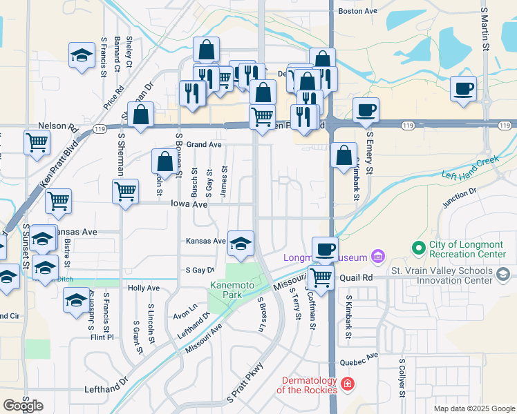 map of restaurants, bars, coffee shops, grocery stores, and more near 900 South Pratt Parkway in Longmont