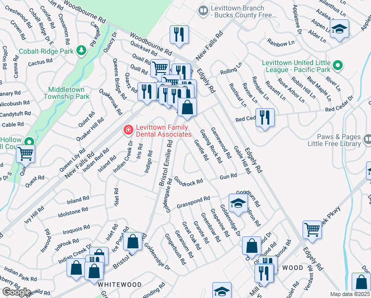 map of restaurants, bars, coffee shops, grocery stores, and more near 281 Goldenridge Drive in Levittown