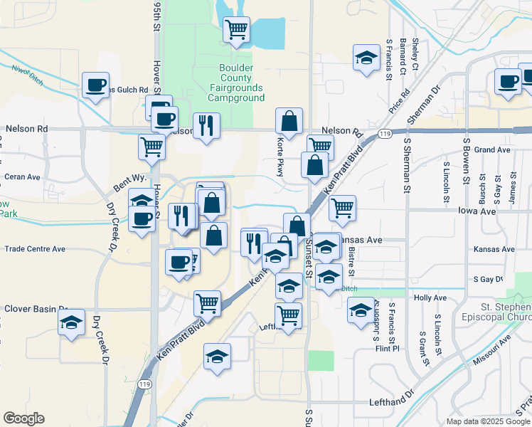 map of restaurants, bars, coffee shops, grocery stores, and more near 1820 Industrial Circle in Longmont
