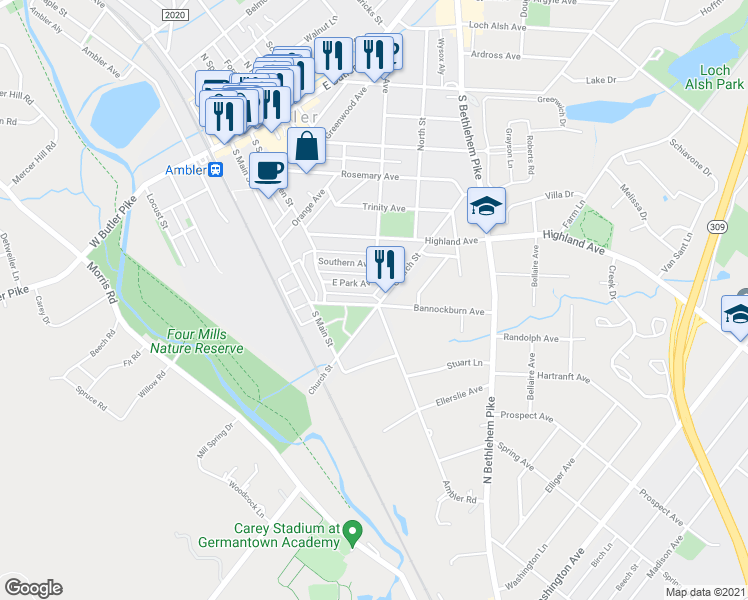 map of restaurants, bars, coffee shops, grocery stores, and more near 269 Bannockburn Avenue in Ambler
