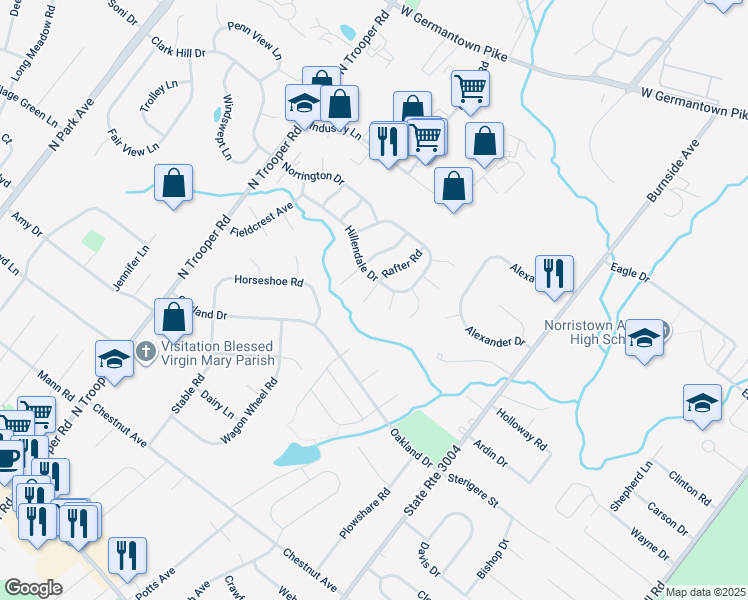 map of restaurants, bars, coffee shops, grocery stores, and more near 1510 Cranberry Drive in Norristown