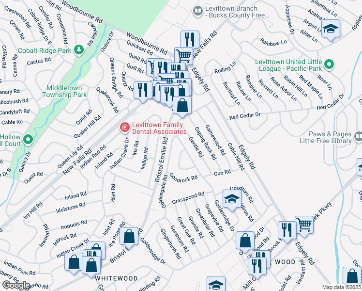 map of restaurants, bars, coffee shops, grocery stores, and more near 281 Goldenridge Drive in Levittown