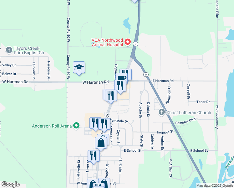 map of restaurants, bars, coffee shops, grocery stores, and more near 2828 Broadway Street in Anderson