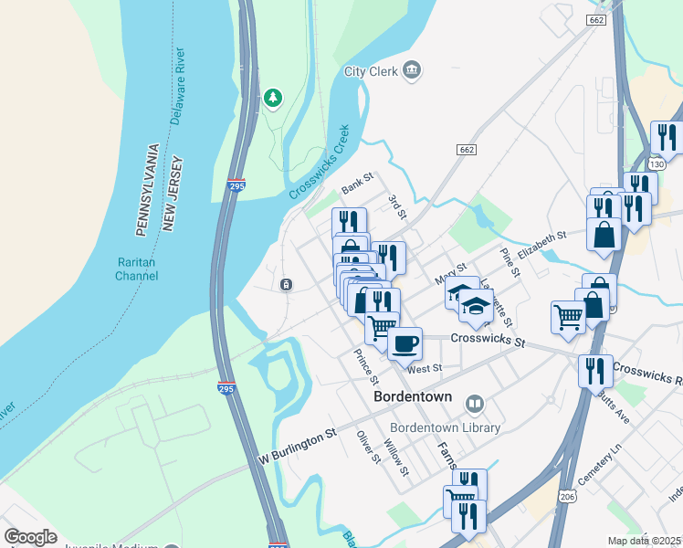 map of restaurants, bars, coffee shops, grocery stores, and more near 1 Park Street in Bordentown