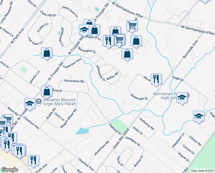 map of restaurants, bars, coffee shops, grocery stores, and more near 1413 Sentry Lane in Norristown