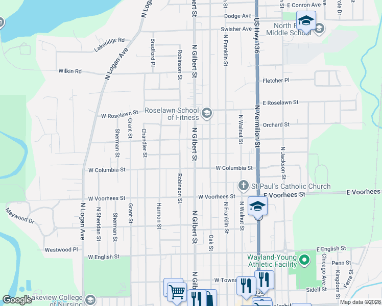 map of restaurants, bars, coffee shops, grocery stores, and more near 1502 North Gilbert Street in Danville