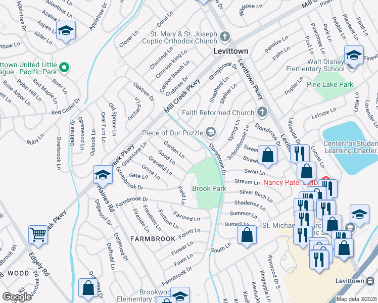 map of restaurants, bars, coffee shops, grocery stores, and more near 14 Glenwood Lane in Levittown