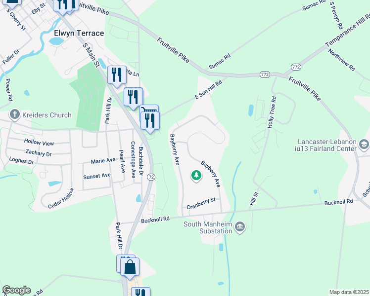 map of restaurants, bars, coffee shops, grocery stores, and more near 6280 Bayberry Avenue in Manheim