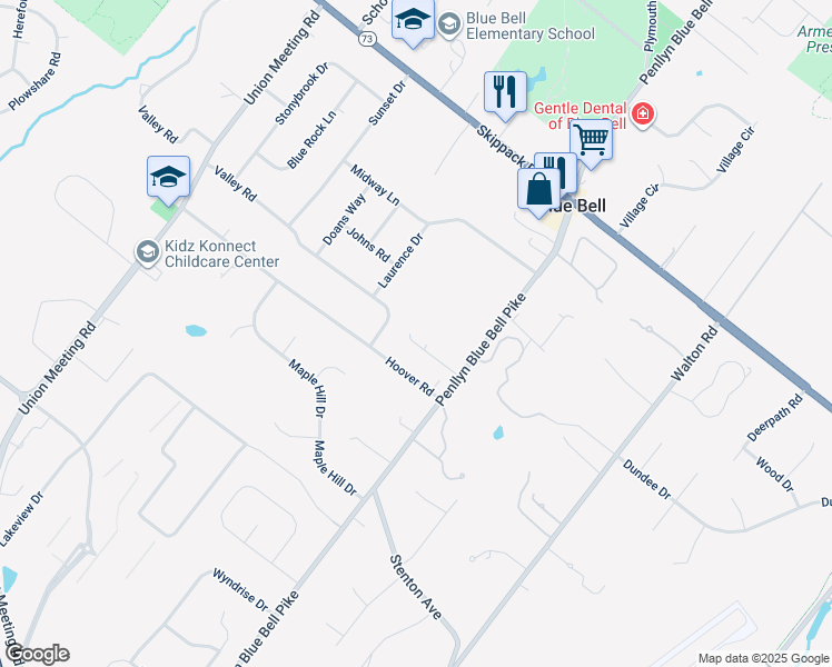 map of restaurants, bars, coffee shops, grocery stores, and more near 1145 Penllyn Blue Bell Pike in Blue Bell