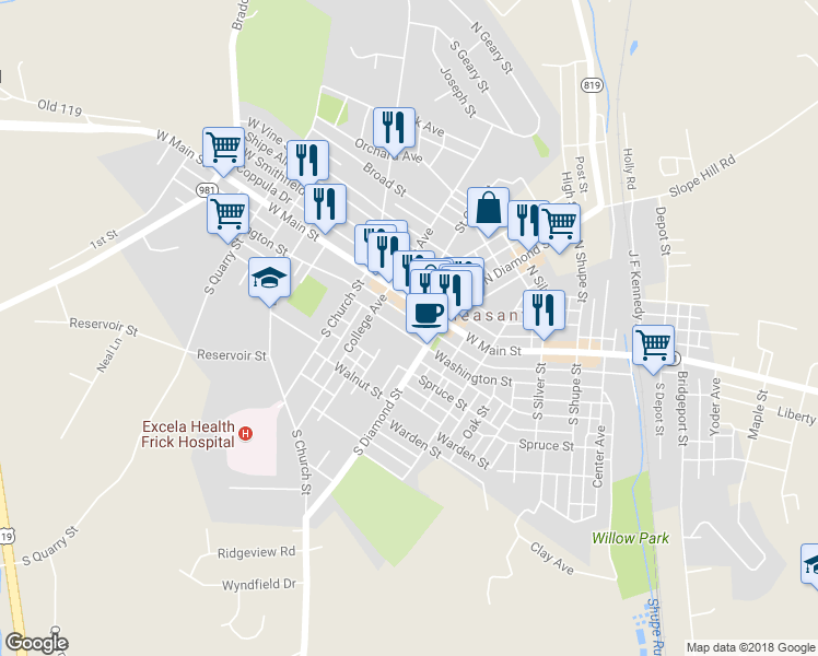 map of restaurants, bars, coffee shops, grocery stores, and more near 526 Washington Street in Mount Pleasant