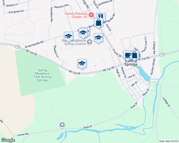 map of restaurants, bars, coffee shops, grocery stores, and more near 329 West 1st Street in Boiling Springs
