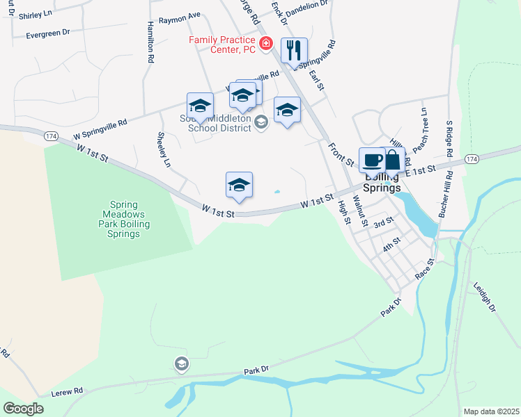 map of restaurants, bars, coffee shops, grocery stores, and more near 329 West 1st Street in Boiling Springs