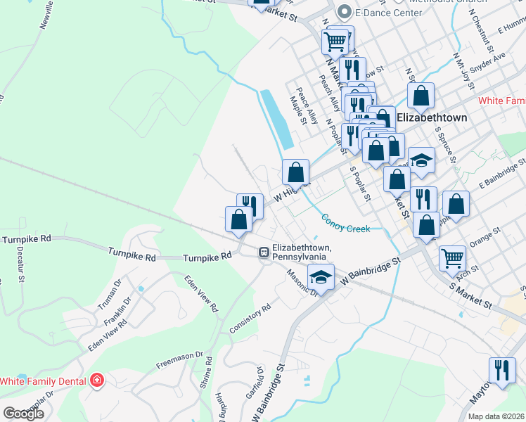 map of restaurants, bars, coffee shops, grocery stores, and more near 439 West High Street in Elizabethtown