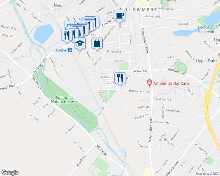 map of restaurants, bars, coffee shops, grocery stores, and more near 235 Bannockburn Avenue in Ambler