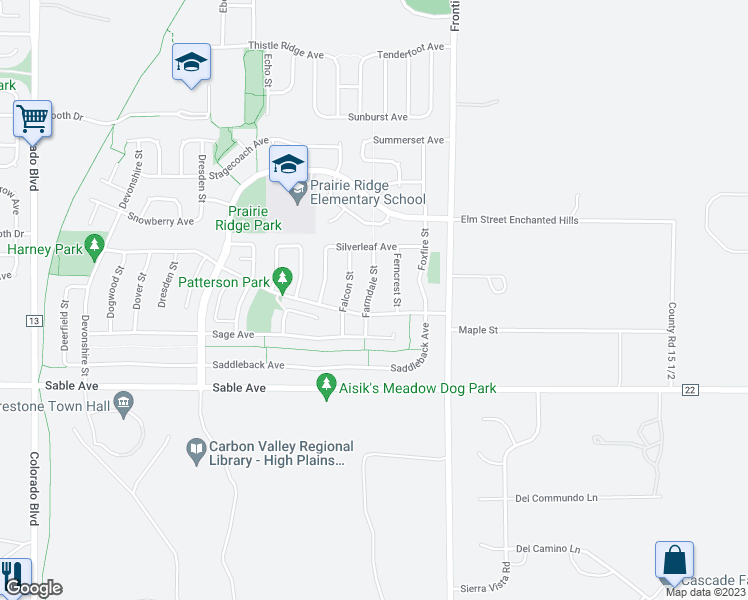 map of restaurants, bars, coffee shops, grocery stores, and more near 10200 Farmdale Street in Longmont