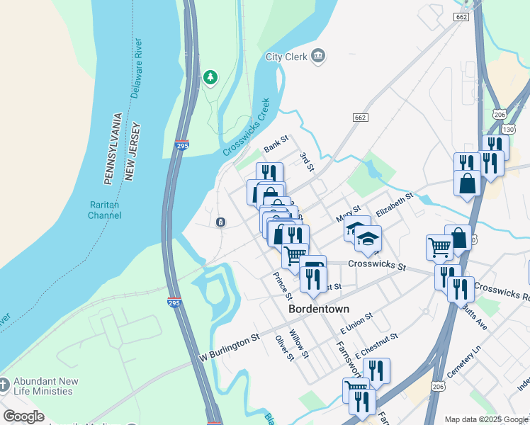 map of restaurants, bars, coffee shops, grocery stores, and more near 1-5 Park Street in Bordentown