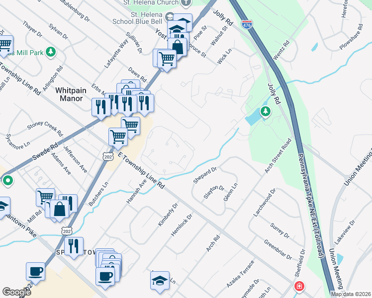 map of restaurants, bars, coffee shops, grocery stores, and more near 1306 Dogwood Circle in Blue Bell