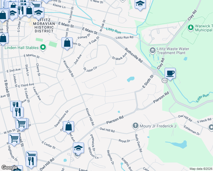 map of restaurants, bars, coffee shops, grocery stores, and more near 631 Lititz Reserve Lane in Lititz