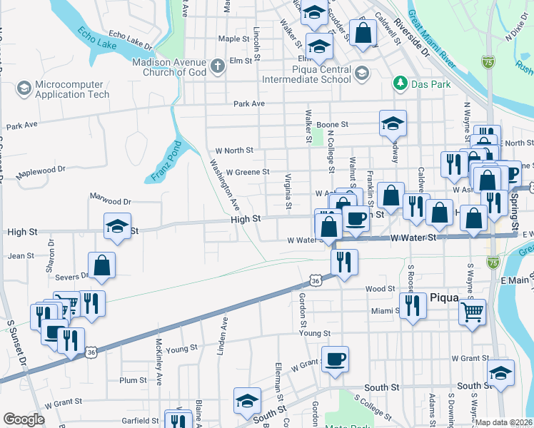 map of restaurants, bars, coffee shops, grocery stores, and more near in Piqua