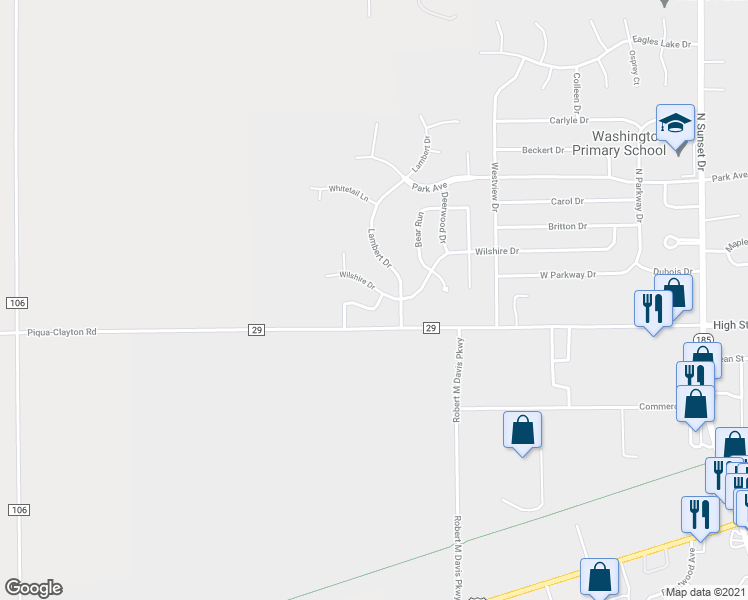 map of restaurants, bars, coffee shops, grocery stores, and more near 2212 Wilshire Drive in Piqua