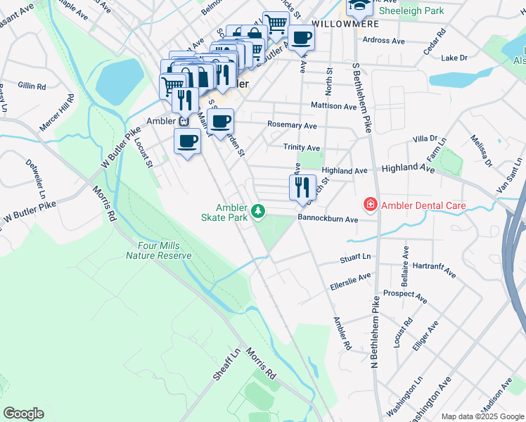 map of restaurants, bars, coffee shops, grocery stores, and more near 222 East Park Avenue in Ambler