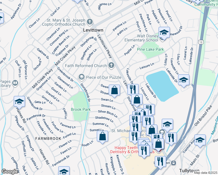 map of restaurants, bars, coffee shops, grocery stores, and more near 39 Sweetbriar Lane in Levittown