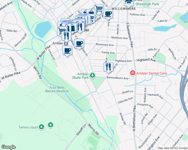 map of restaurants, bars, coffee shops, grocery stores, and more near 201 Bannockburn Avenue in Ambler
