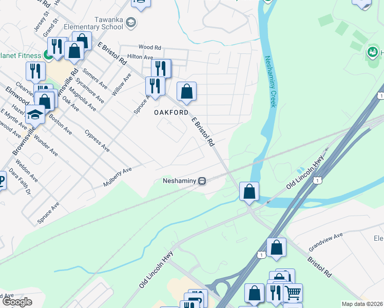 map of restaurants, bars, coffee shops, grocery stores, and more near 4366 Pine Street in Feasterville-Trevose