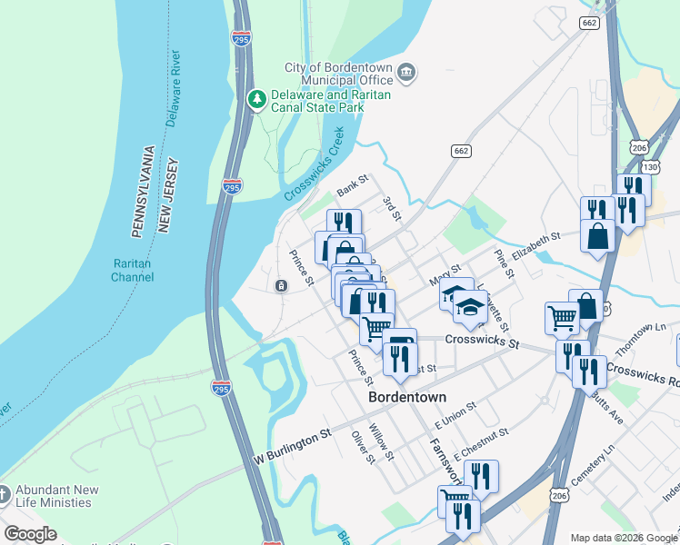 map of restaurants, bars, coffee shops, grocery stores, and more near 101 Farnsworth Avenue in Bordentown