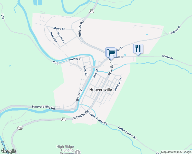 map of restaurants, bars, coffee shops, grocery stores, and more near 120 Church Street in Hooversville