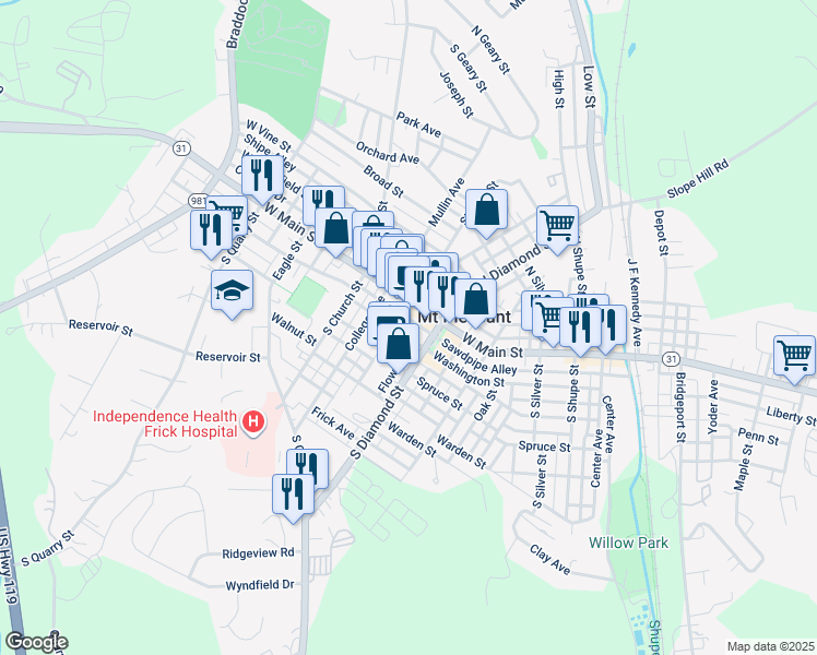 map of restaurants, bars, coffee shops, grocery stores, and more near 526 Washington Street in Mount Pleasant