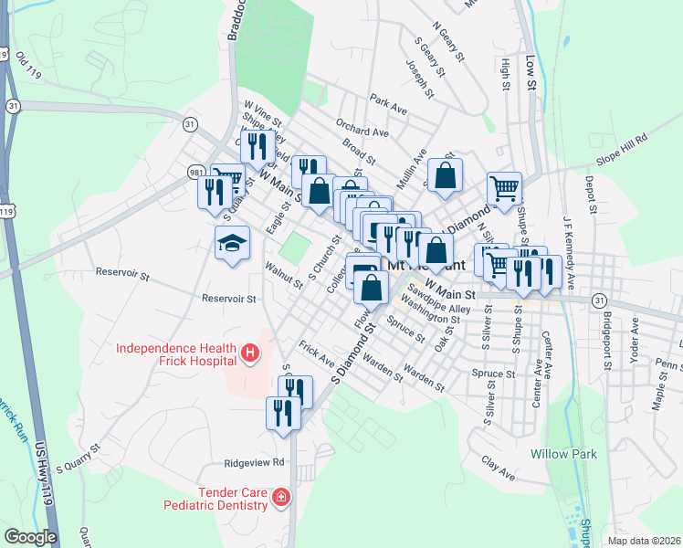 map of restaurants, bars, coffee shops, grocery stores, and more near 100 College Avenue in Mount Pleasant