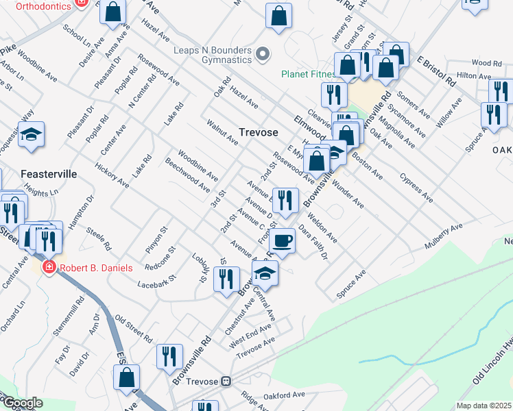 map of restaurants, bars, coffee shops, grocery stores, and more near 621 Avenue East in Feasterville-Trevose