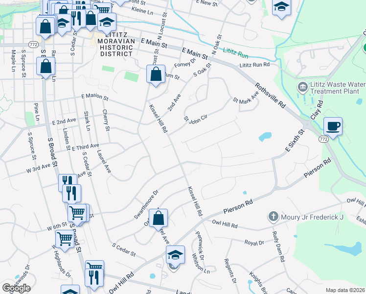 map of restaurants, bars, coffee shops, grocery stores, and more near 320 Pin Oak Drive in Lititz