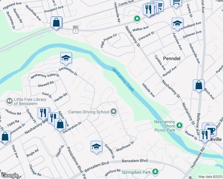 map of restaurants, bars, coffee shops, grocery stores, and more near 6552 Senator Lane in Bensalem