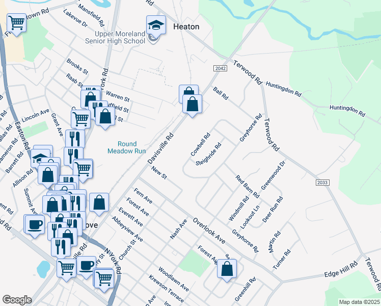 map of restaurants, bars, coffee shops, grocery stores, and more near 204 Cowbell Road in Willow Grove