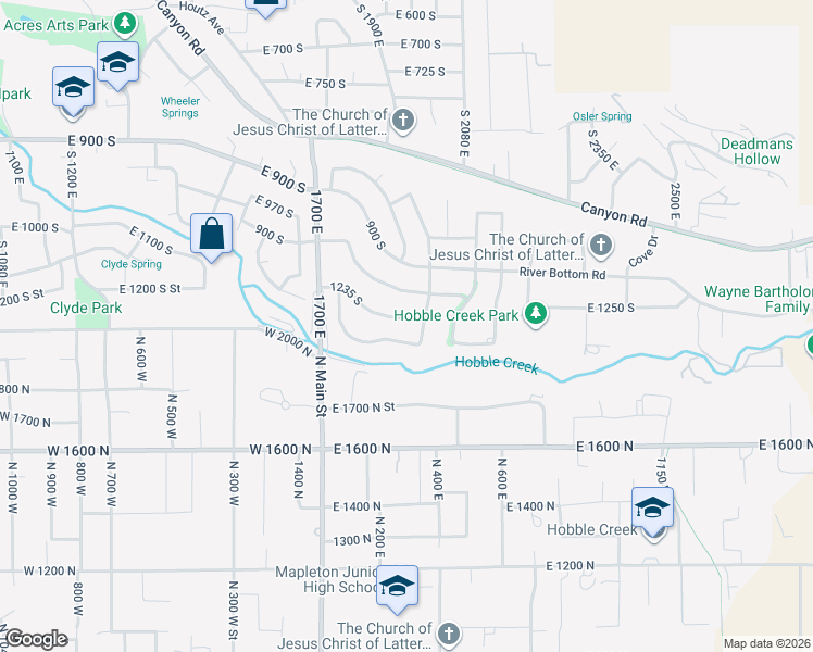map of restaurants, bars, coffee shops, grocery stores, and more near 1863 1235 South in Springville