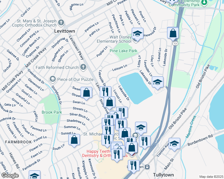 map of restaurants, bars, coffee shops, grocery stores, and more near 47 Locust Lane in Levittown