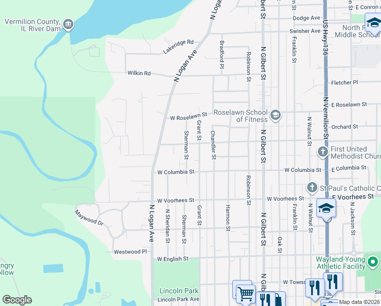 map of restaurants, bars, coffee shops, grocery stores, and more near 1401-1499 Sherman Street in Danville