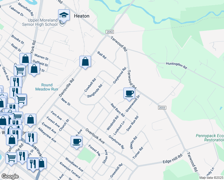 map of restaurants, bars, coffee shops, grocery stores, and more near 148 Greyhorse Rd in Willow Grove