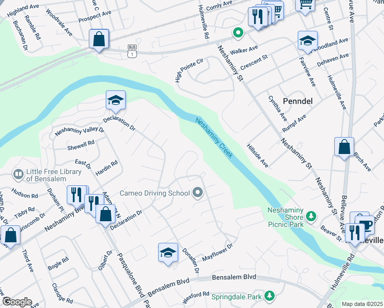 map of restaurants, bars, coffee shops, grocery stores, and more near 6552 Senator Lane in Bensalem