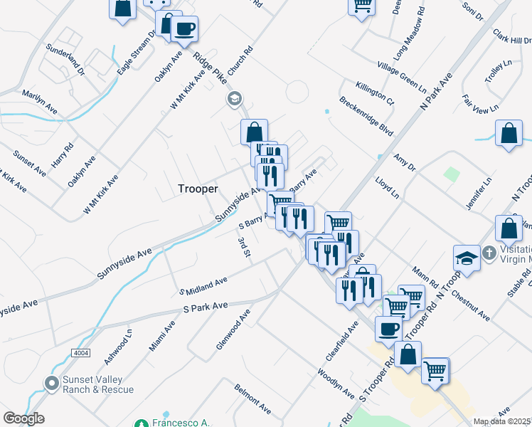 map of restaurants, bars, coffee shops, grocery stores, and more near 29 South Barry Avenue in Trooper