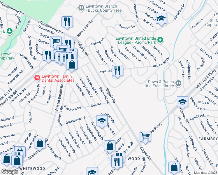 map of restaurants, bars, coffee shops, grocery stores, and more near 32 Roundwood Lane in Levittown