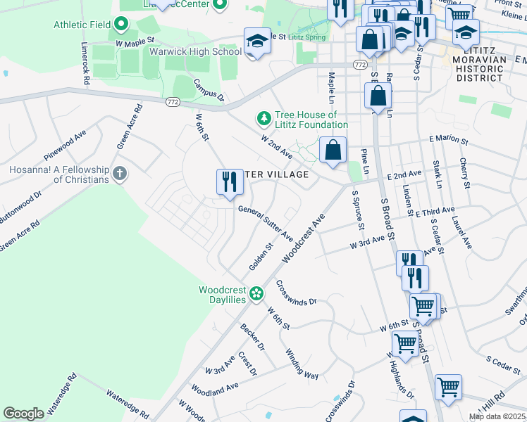 map of restaurants, bars, coffee shops, grocery stores, and more near 501 General Sutter Avenue in Lititz