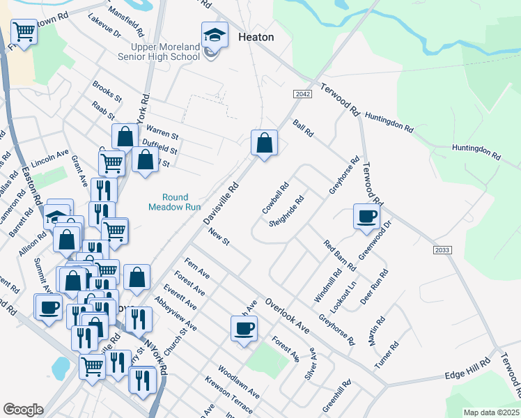 map of restaurants, bars, coffee shops, grocery stores, and more near 204 Cowbell Road in Willow Grove