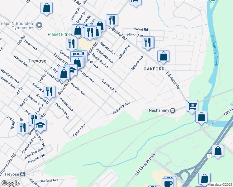 map of restaurants, bars, coffee shops, grocery stores, and more near 4670 Cypress Avenue in Feasterville-Trevose